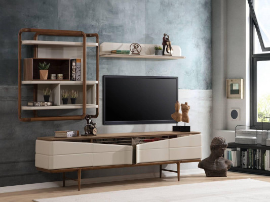 Beige Wunnzëmmer Garnitur RTV-Lowboard 2x Regaler Holz Designer Miwwelen