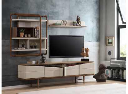 Beige Wunnzëmmer Garnitur RTV-Lowboard 2x Regaler Holz Designer Miwwelen