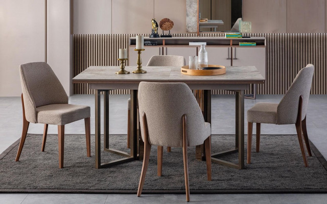 Garnitur Iesszëmmer Iessgrupp Iesseck Iessdësch Still Holz Gri 7stéckeg