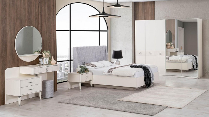 Garnitur Duebelbett Bettrahmen Stoff Schlofkummer Wäiss Holz Set 7 Stécker