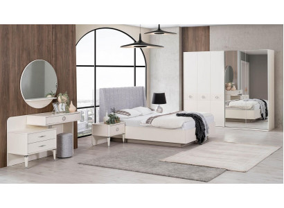 Garnitur Duebelbett Bettrahmen Stoff Schlofkummer Wäiss Holz Set 7 Stécker