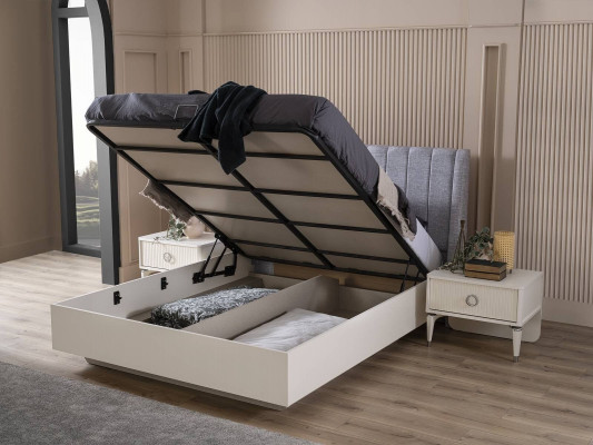 Garnitur Duebelbett Bettrahmen Stoff Schlofkummer Wäiss Holz Set 7 Stécker