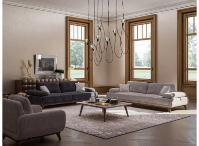 Wunnzëmmer Set Gro Sofa Zwëschesëtzer mat Dräisëtzer Textildesign Couchtisch