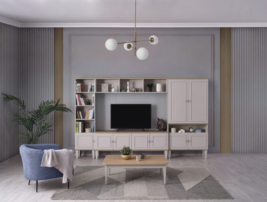 Fernsehwand Wunnzëmmertwand TV-Stänner Holz RTV Lowboard Gro Regal Set