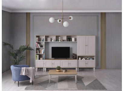 Fernsehwand Wunnzëmmertwand TV-Stänner Holz RTV Lowboard Gro Regal Set