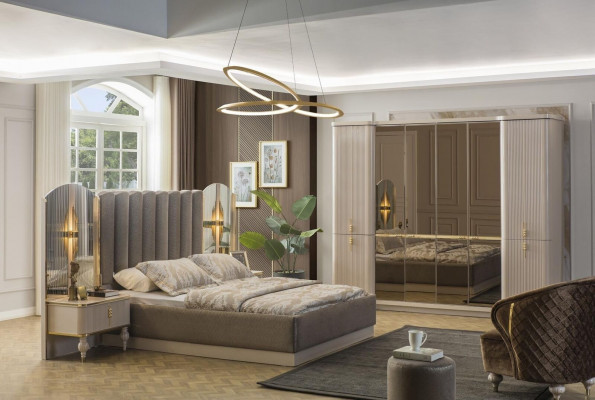 Luxuriéis Schlofzëmmer Designer Duebelbett Kleederschaf Nuetsdëscher