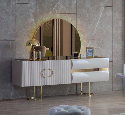 Designer wäiss Edelstahl Anrichte modern Iesszëmmer Holz edel Kommoud.