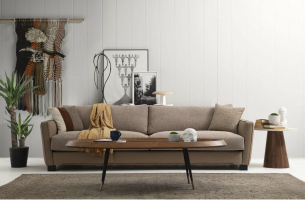 Sofagarnitur 431 Sëtzer Fotell Sofa Modern Stoff Beige Set 3tlg Sofas