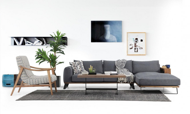 Wunnzëmmer Eckskaff L-Form Sofagarnitur Stoff Grau Modern Design