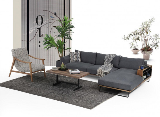 Wunnzëmmer Eckskaff L-Form Sofagarnitur Stoff Grau Modern Design