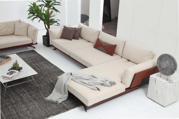 Eckcouch L-Form Beige Modern Stoff Design Wunnzëmmer Canapé Polyester