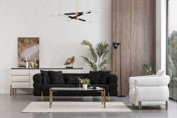 Wunnzëmmer Sofa Set Designer Schwaarze Luxus Dreisëtzer Wäissen Fauteuil