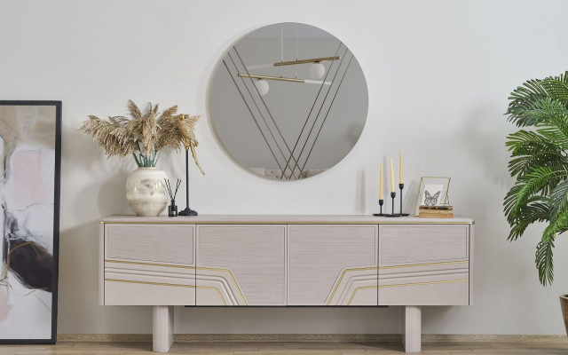 Beige Luxus Holzmiwwelen Designer Sideboard Luxus Rondspigel Modern 2tlg