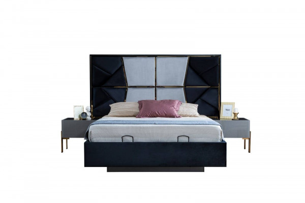 Grau Schlofzëmmer Set Designer Duebelbett 2x Nuetsdëscher 3 Deeler Nei