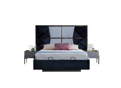 Grau Schlofzëmmer Set Designer Duebelbett 2x Nuetsdëscher 3 Deeler Nei