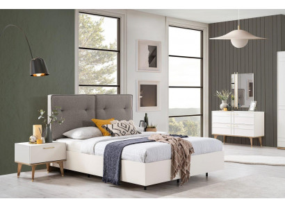 Schlofkummer Garnitur Duebelbett Komplettbett Wäiss Stoff 3tlg Modern