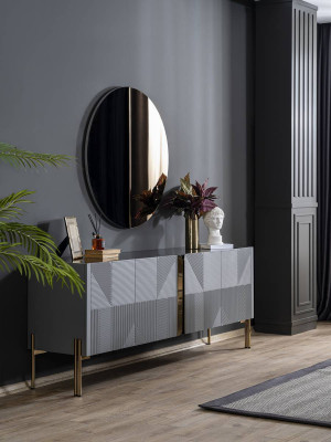 Schwaarzt Iesszëmmer-Garnitur Designer Säitenschaf Luxus Ronnspigel 2tlg