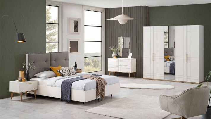 Grupp duebelt Bett Komplett Bett Schlofkummermiwwelen Holz 6 Deeler Set Wäiss