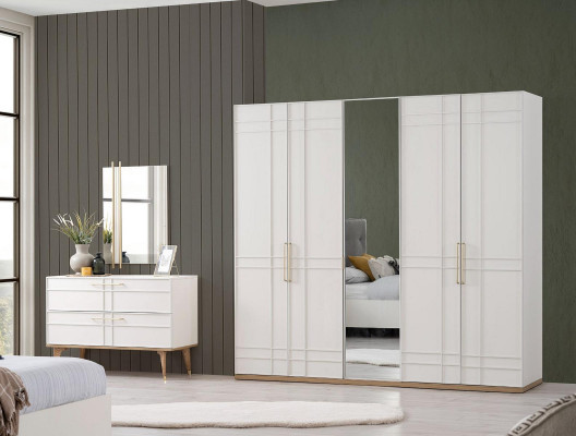 Grupp duebelt Bett Komplett Bett Schlofkummermiwwelen Holz 6 Deeler Set Wäiss