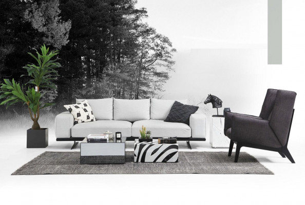 Canapé-Set Sofa 2 Sëtzer Sesselle Zweisëtzer Gri Modern Stoff Set