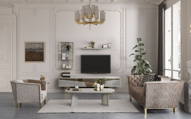 Modern Gri Wäistzëmmer Garnitur Luxus TV-Schaf Wandschränken Regaler