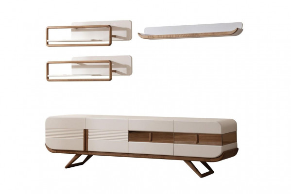 Wäiss Wunnzëmmer Wunnwand Designer Lowboard 2x Regaler Holz Miwwelen 4 Deeler