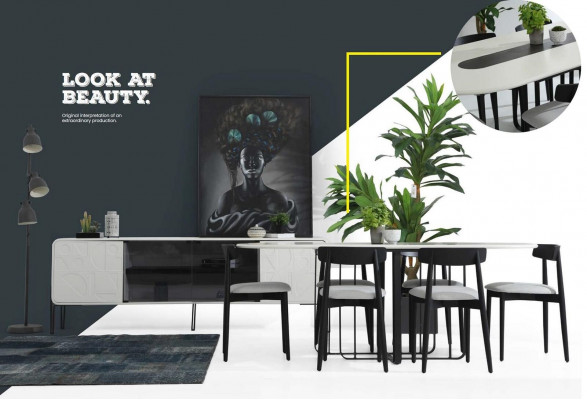 Iesszëmmer Grupp Iessdësch Still Dësch Holz Set 7tlg Wäiss Dëscher Nei