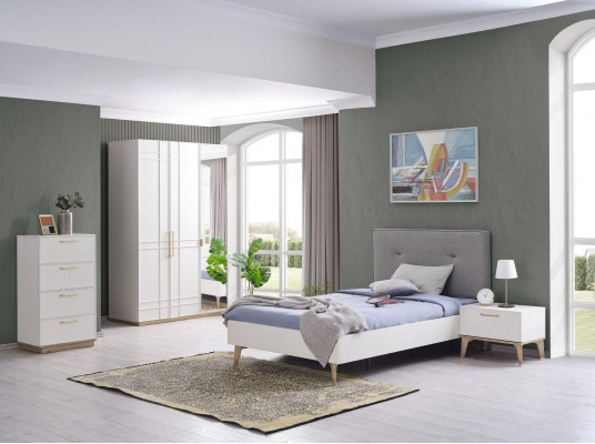 Kannerzëmmer Garnitur Kannerbett Jugendbett Bett Set 4-Deeler Wäiss Holz