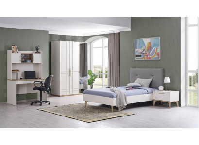 Kannerzëmmer Garnitur Kannerbett Jugendbett Bett Set 4-tlg Wäiss Holz