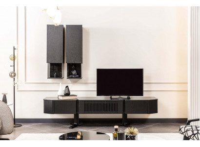 Schwaarzt Wunnwand Set Designer Holz TV-Stänner Luxuséiert x2 Wandregaler
