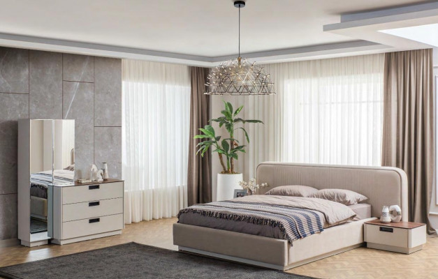 Beige Schlofzëmmer Miwwelen Textilbett Holz Schmincktisch 2x Nuetsdëscher