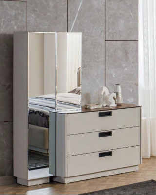 Beige Schlofzëmmer Miwwelen Textilbett Holz Schmincktisch 2x Nuetsdëscher