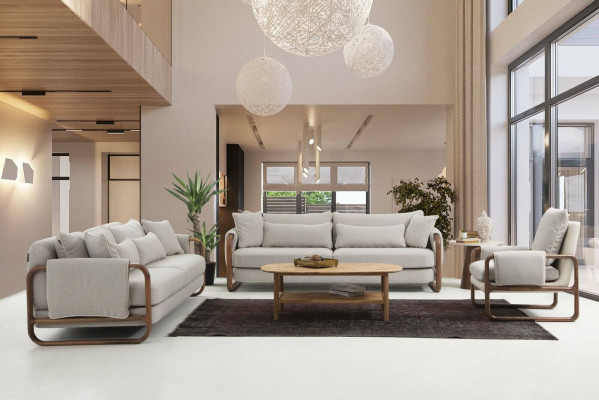 Canapé-Set 221 Sëtzer Fotell Zweesëtzer Modern Stoff Gri Set Design