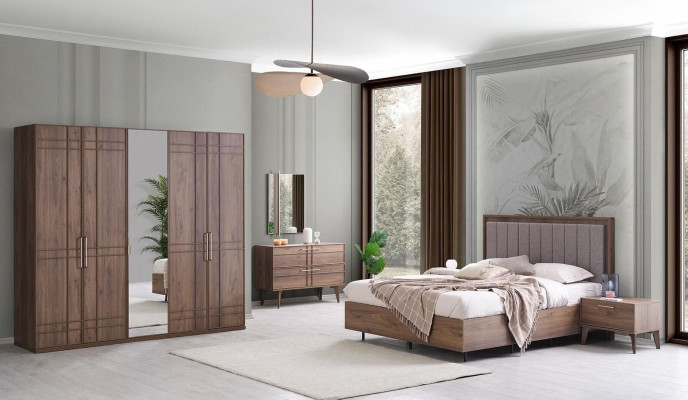 Komplett Schlofzëmmermiwwel Duebelbett Holz 6-Stéck Schlofzëmmer Brong