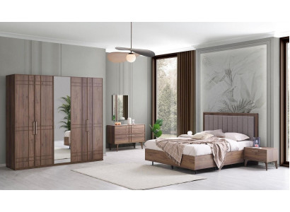 Komplett Schlofzëmmermiwwel Duebelbett Holz 6-Stéck Schlofzëmmer Brong