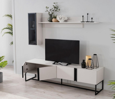 Garnitur TV Ständer Schaf RTV Lowboard Wunnzëmmer Regaler Wäiss Holz