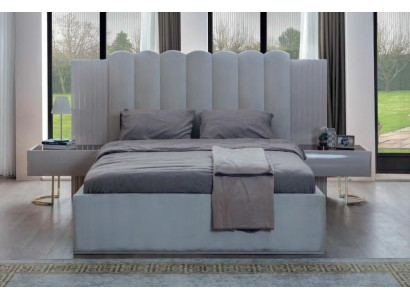 Wäisst Schlofzëmmer Set Bett Nuetsdëscher Holzgestell Duebelbett 3-Deeler.