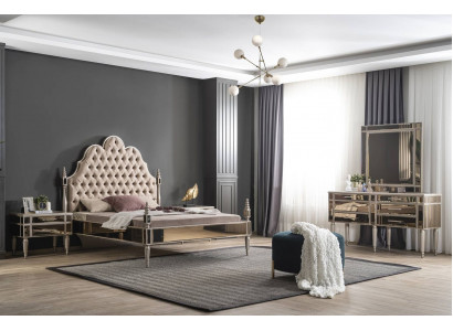 Modern Schlofkummer Set Luxus Chesterfield Bett 2x Nuetsdëscher
