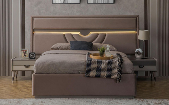 Duebelbett Schlofzëmmer Bett Nuetsdëscher Beige Set 3 Deeler Bettkëschten