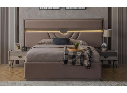 Duebelbett Schlofzëmmer Bett Nuetsdëscher Beige Set 3 Deeler Bettkëschten