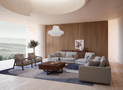 Wunnzëmmer Set 4tlg Zweesëtzer mat Dräisëtzer Sofa Polster Textil 2x Sessel Nei