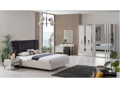 Grouss Schlofkummer Garnitur Duebelbett Bett Holz Set 7 Deeler Wäiss Modern.