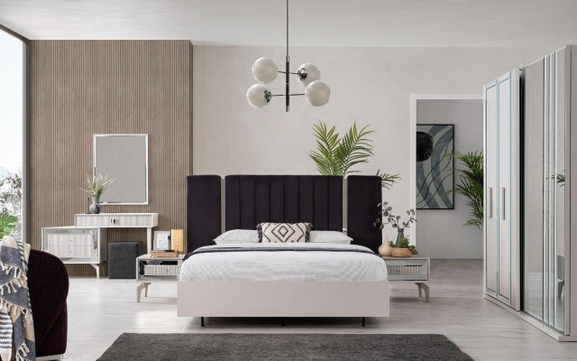 Grouss Schlofkummer Garnitur Duebelbett Bett Holz Set 7 Deeler Wäiss Modern.