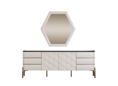 Modern Iesszëmmer Garnitur Designer Wäisst Sideboard Grousse Spigel 2-deeleg