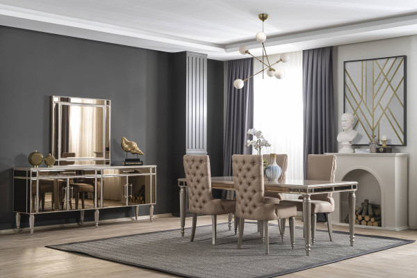 Luxus Iesszëmmer Set, Iessdësch 4x Still Holz Textil Iessgrupp Garnitur