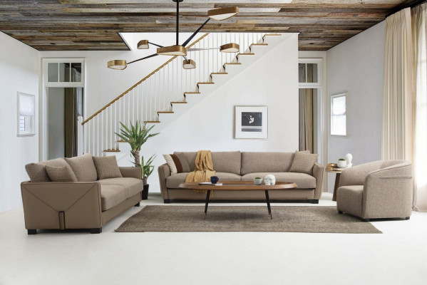 Canapé-Set 441 Sëtzer Fautteuil Véiersëtzer Modern Stoff Beige Set 3 Deeler