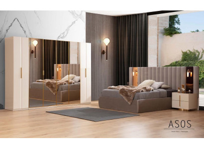 Beige Schlofzëmmer Set Designer Bett Kleederschaf 2x Nuetsdëscher
