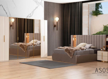 Beige Schlofzëmmer Set Designer Bett Kleederschaf 2x Nuetsdëscher