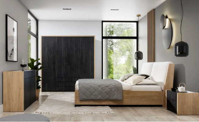Bett beige Holz Design modern Schlofzëmmer Duebel Better elegant Miwwelen nei