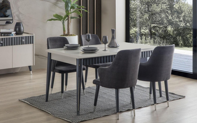 Grau Iesszëmmer Stull-Set Designer Gepolsterte Stullë 6-St. Textil Stullë